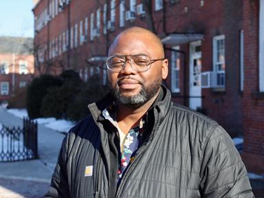 James Sean Johnson in front of Garvey Hall